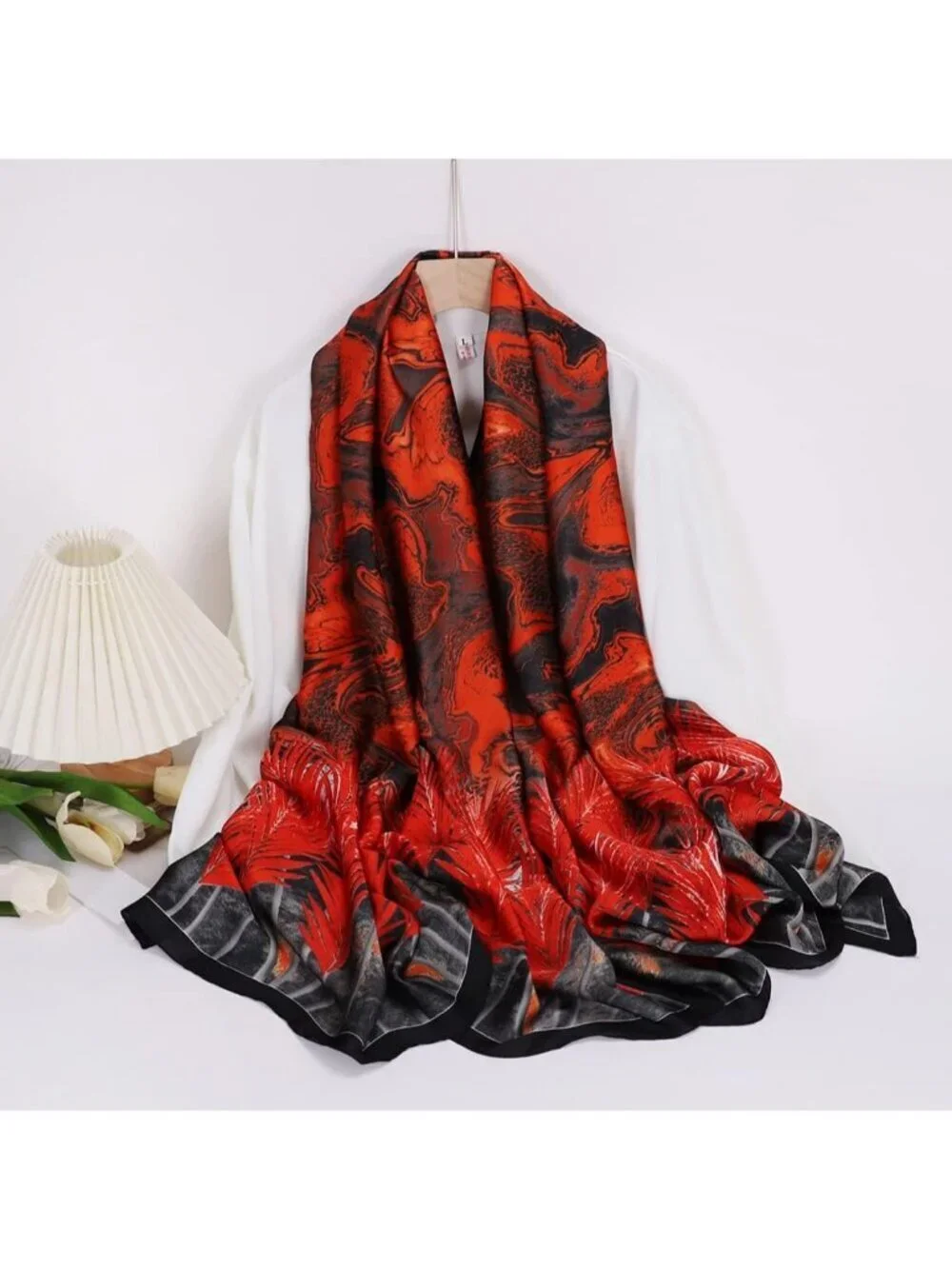 Women's Red Black Light Silk Like Scarves Flower Print Head Cotton Wrap Scarf